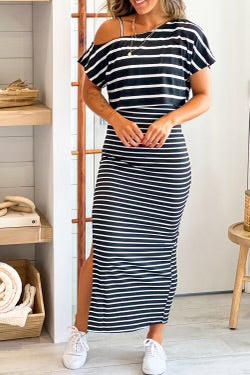 Stripe Shoulder Tee Slit Pencil Dress Sett