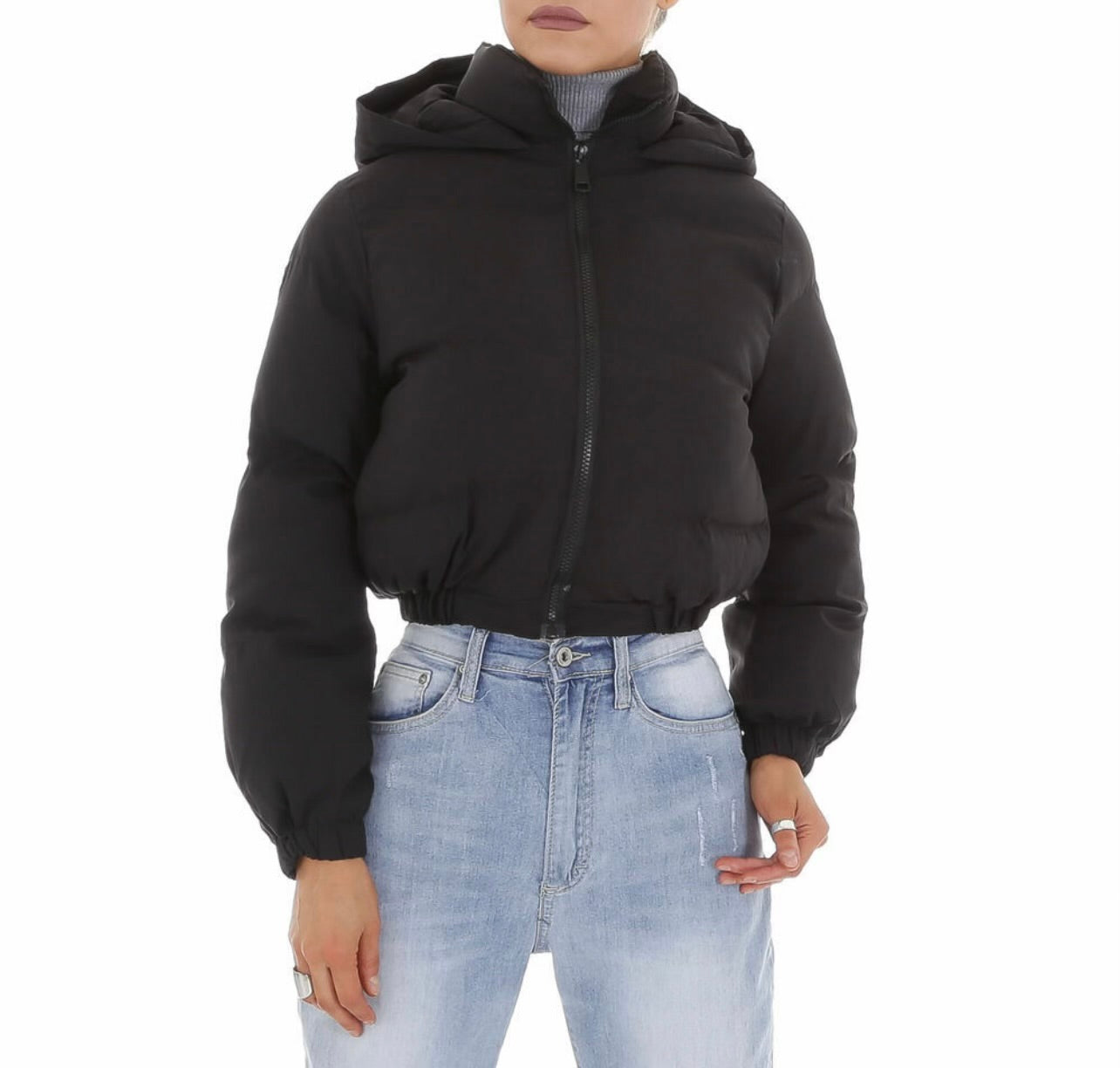 Bomber Corpped Jacket Black m/hettu