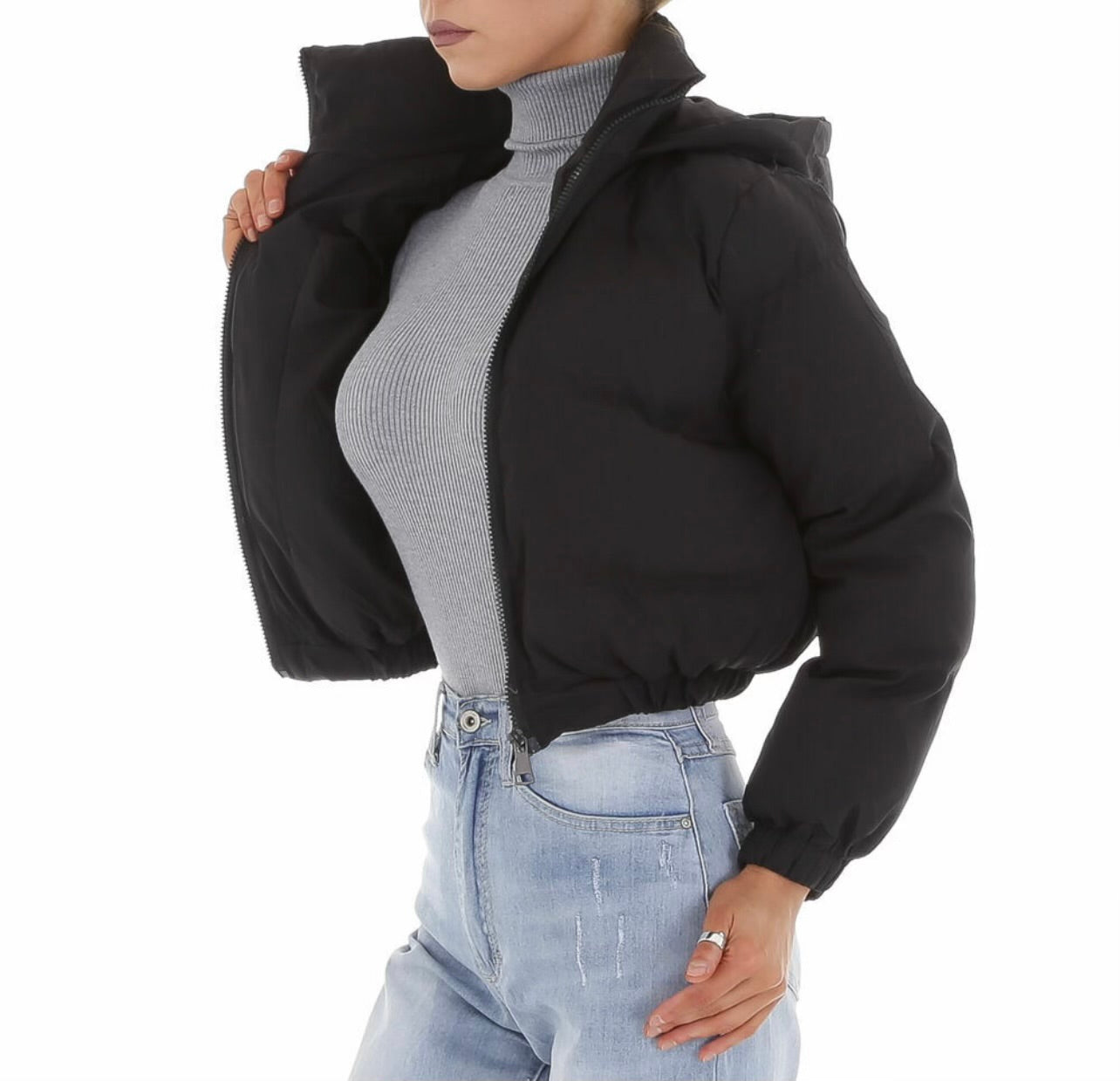 Bomber Corpped Jacket Black m/hettu