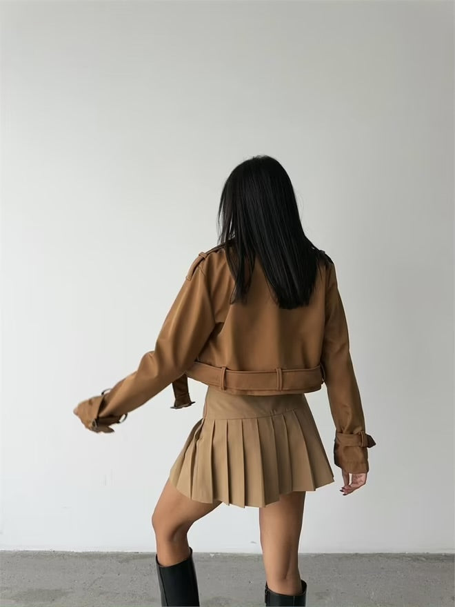 Ave Belt Detailed Crop Trench Coat - Brown