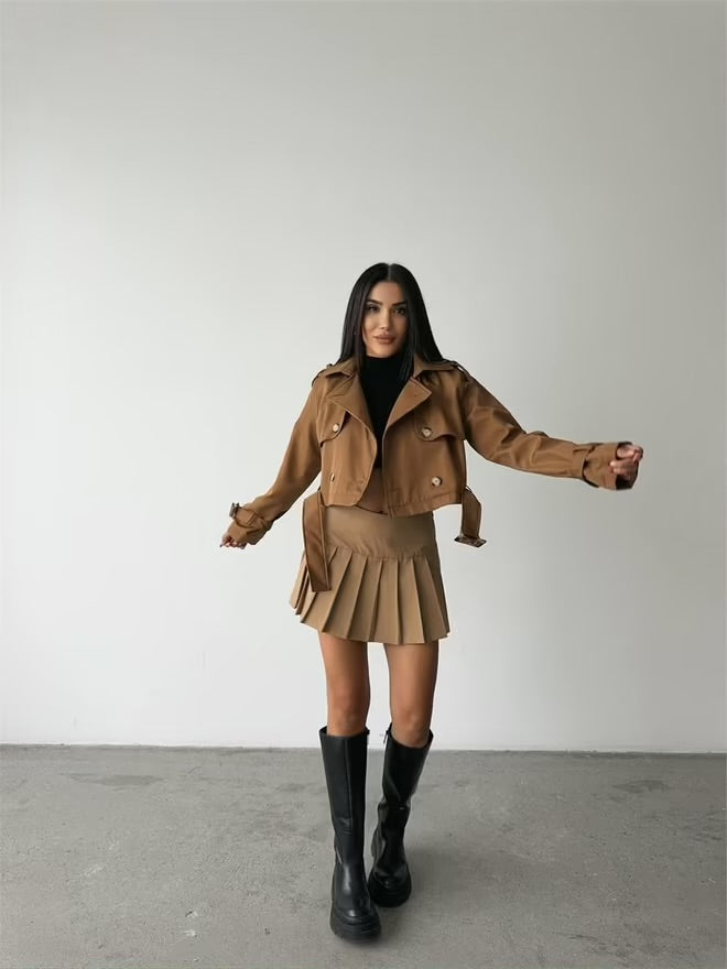 Ave Belt Detailed Crop Trench Coat - Brown