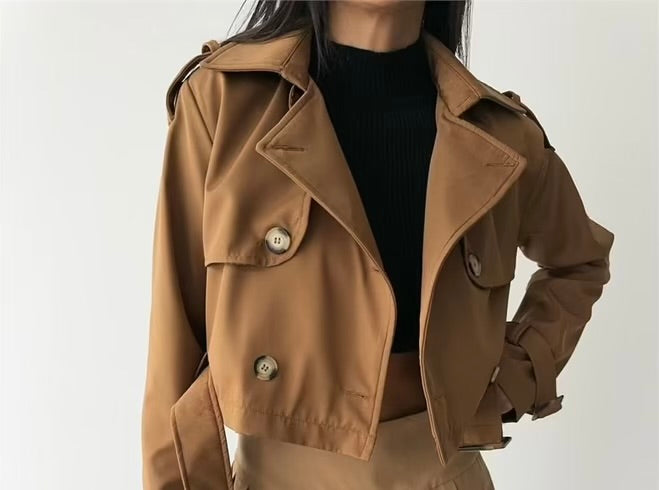 Ave Belt Detailed Crop Trench Coat - Brown