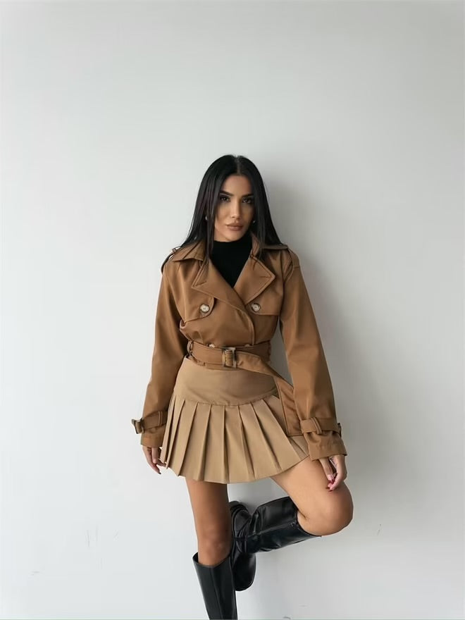 Ave Belt Detailed Crop Trench Coat - Brown