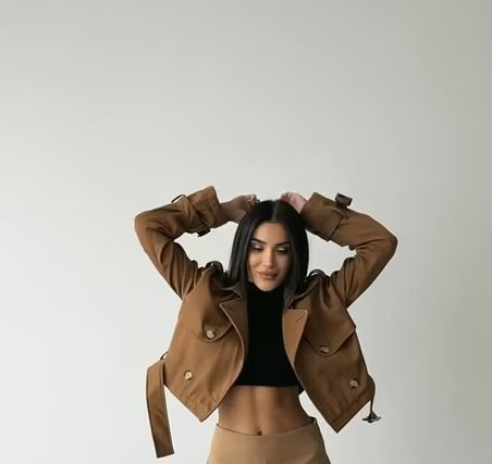 Ave Belt Detailed Crop Trench Coat - Brown