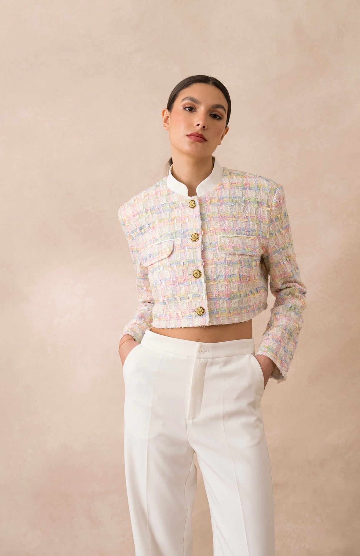 Blazer Tiffany Tweed Boxy Cropped Pink