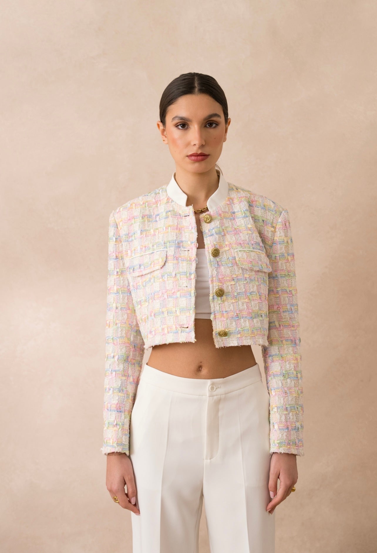 Blazer Tiffany Tweed Boxy Cropped Pink