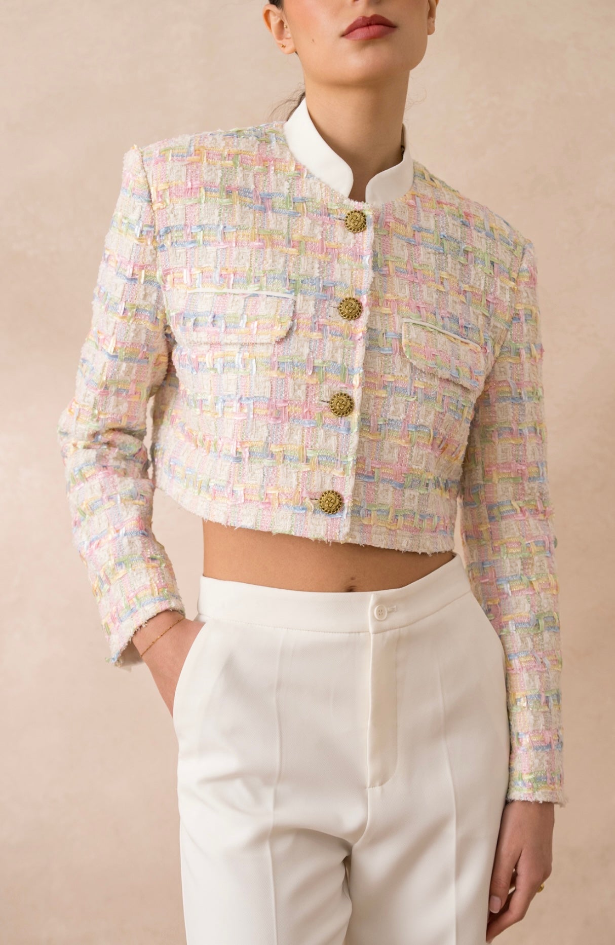 Blazer Tiffany Tweed Boxy Cropped Pink