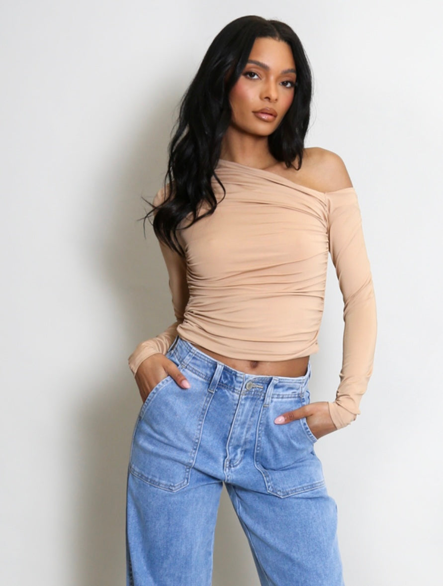 Bolur Beige Shoulder Ruched Sides