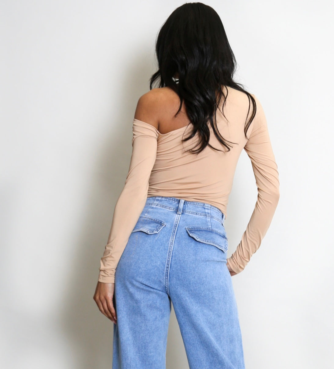 Bolur Beige Shoulder Ruched Sides