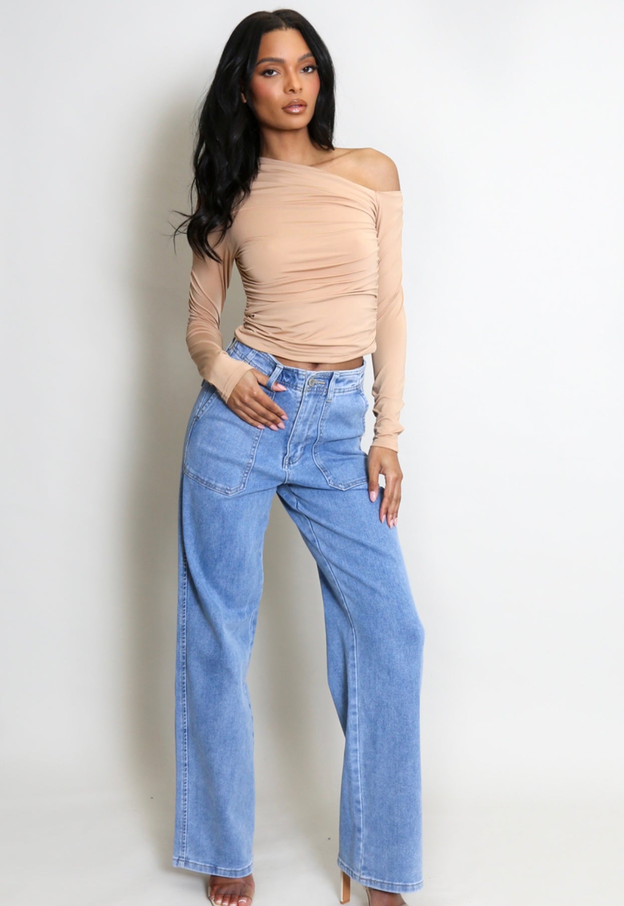 Bolur Beige Shoulder Ruched Sides