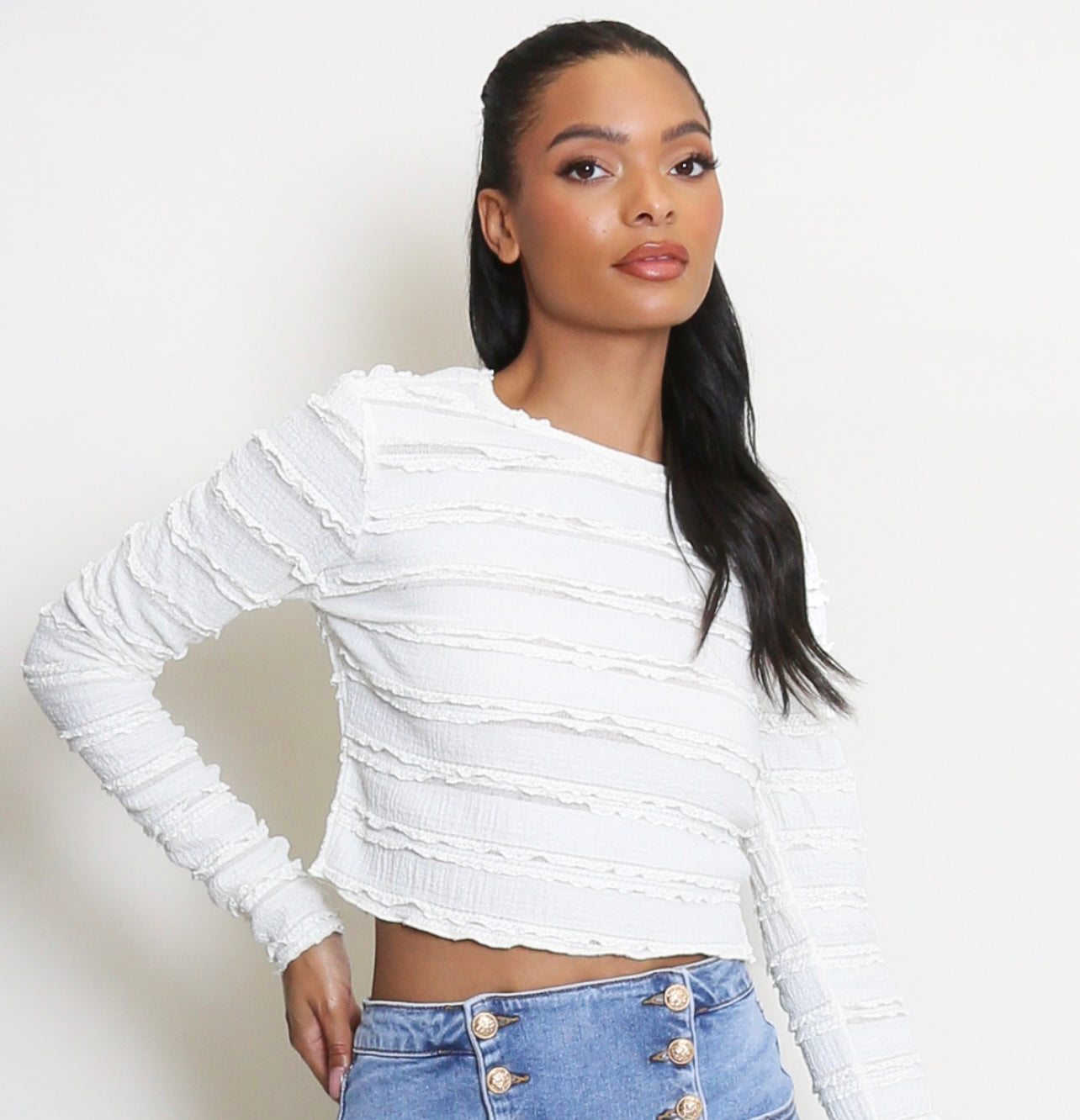 Textured Long Sleeves Crop Top Beige