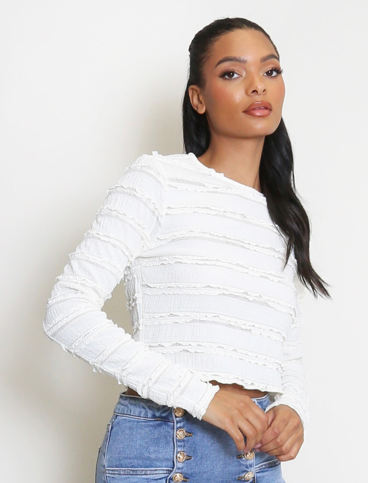 Textured Long Sleeves Crop Top Beige