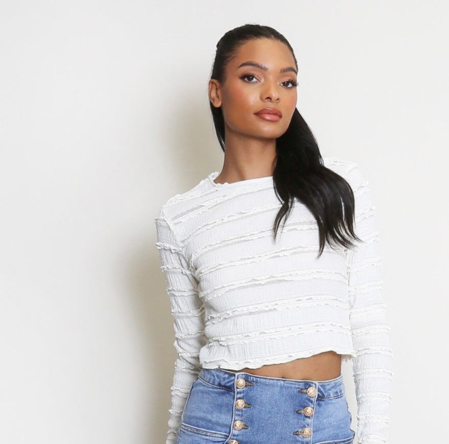 Textured Long Sleeves Crop Top Beige