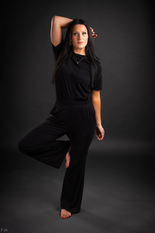 KósýGalli ! Black T Shirt 2pcs Wide Leg Pants