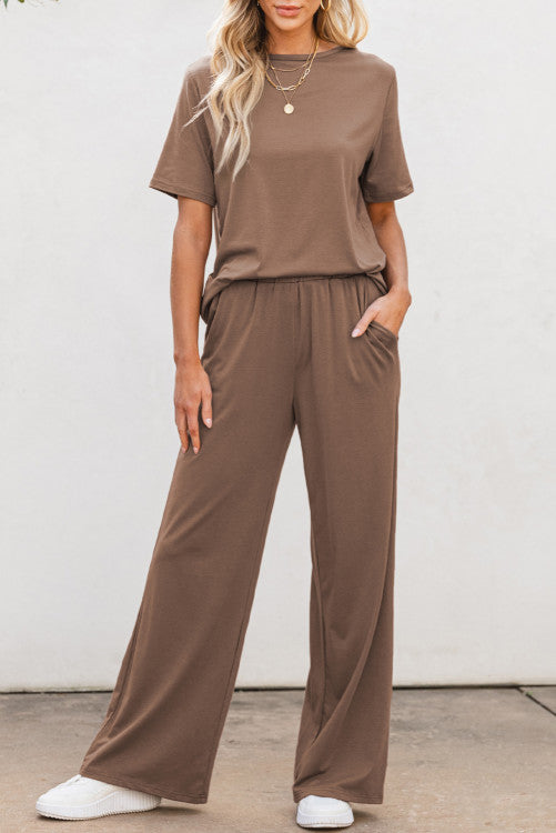 Beige,T Shirt 2pcs Wide Leg Pants Sett