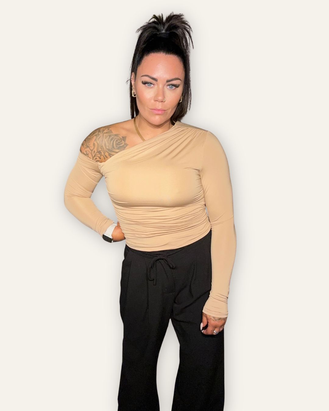 Bolur Beige Shoulder Ruched Sides 23300