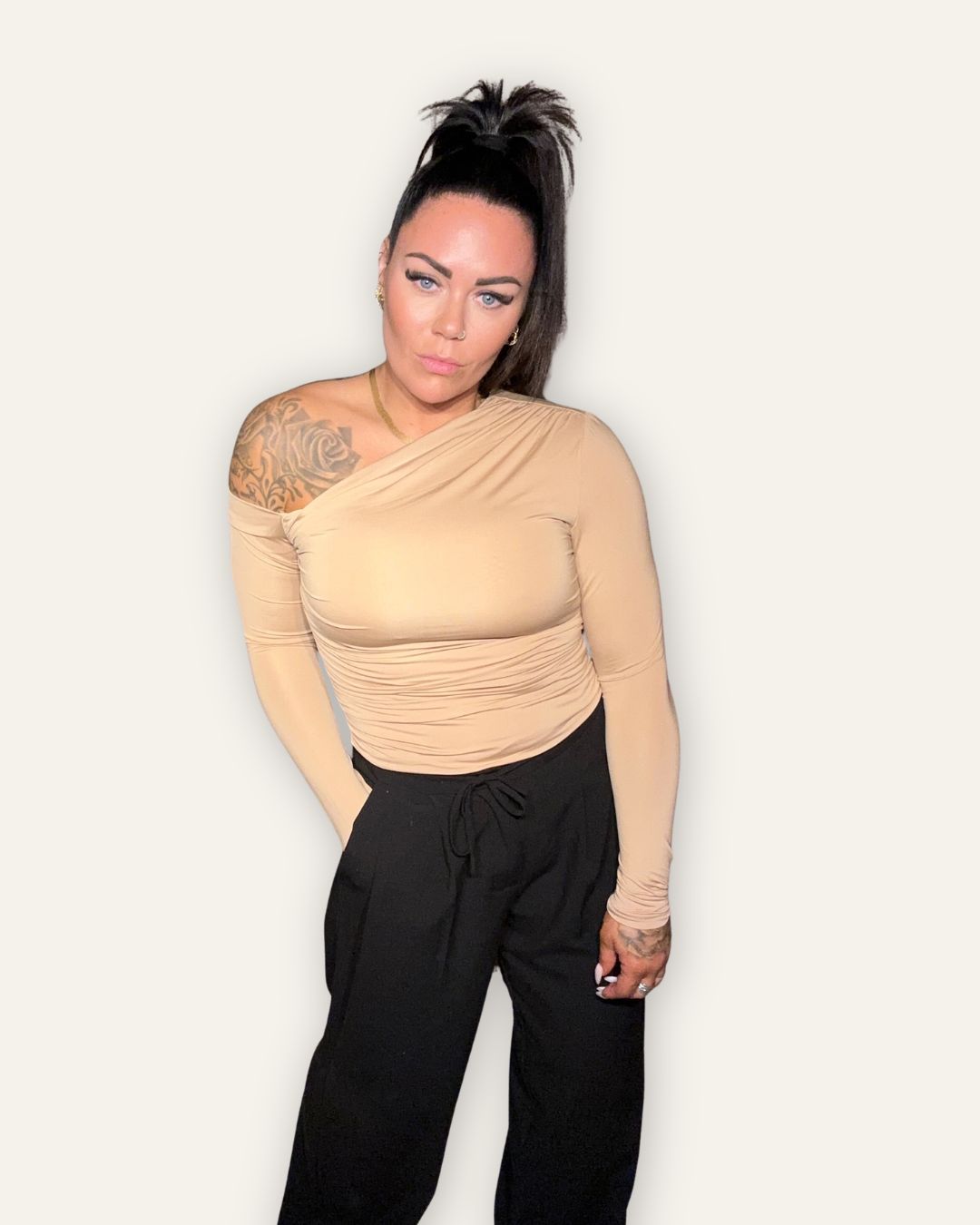 Bolur Beige Shoulder Ruched Sides 23300
