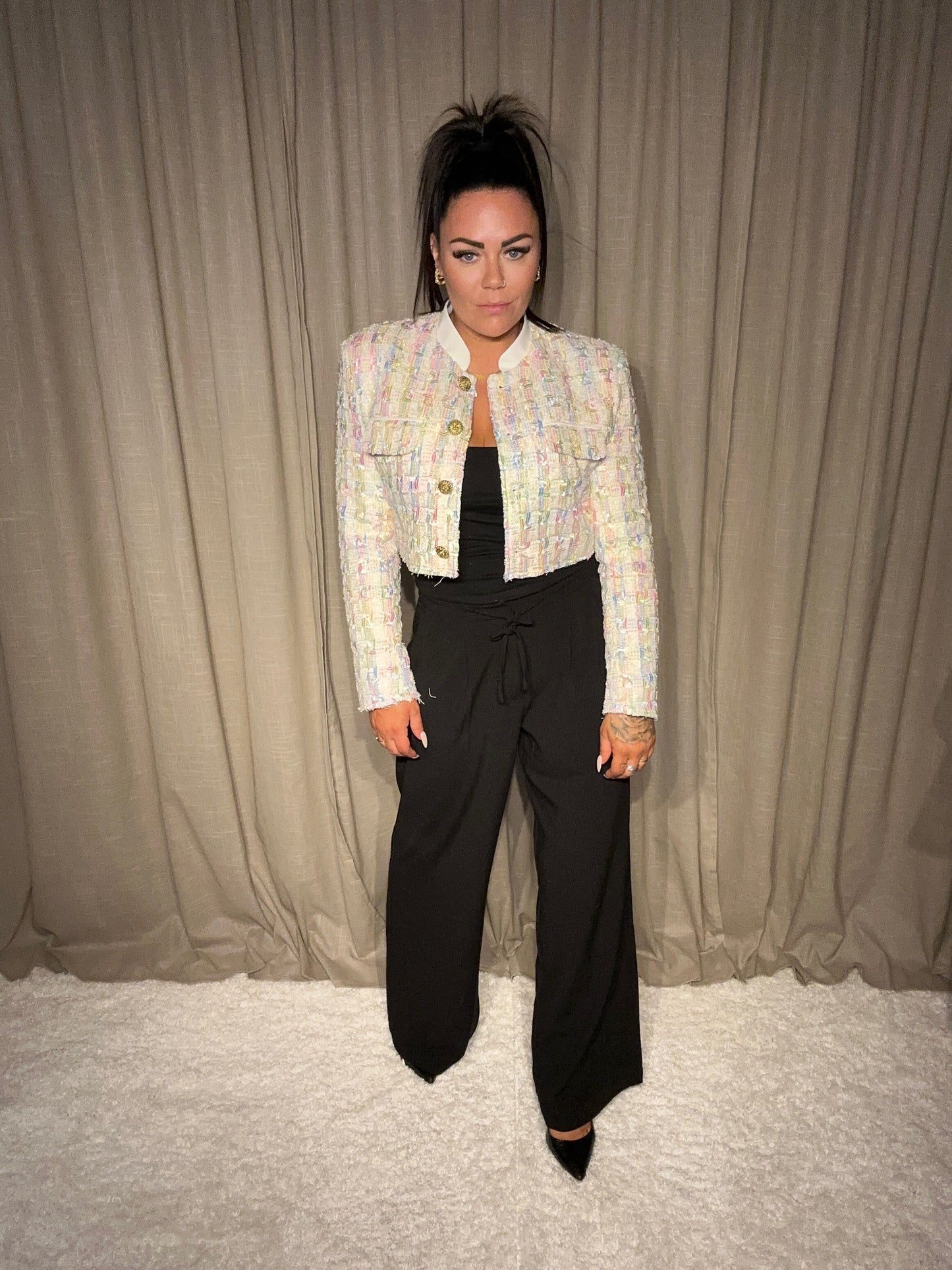 Blazer Tiffany Tweed Boxy Cropped Pink Central Iceland