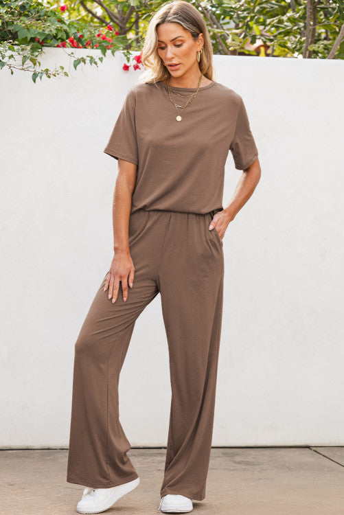 Beige,T Shirt 2pcs Wide Leg Pants Sett