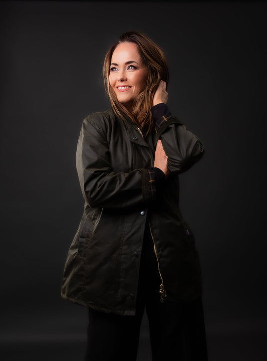 Wax Jakki Victoria Olive Green. Walker and Hawkes Jacket Color