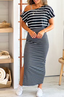 Stripe Shoulder Tee Slit Pencil Dress Sett