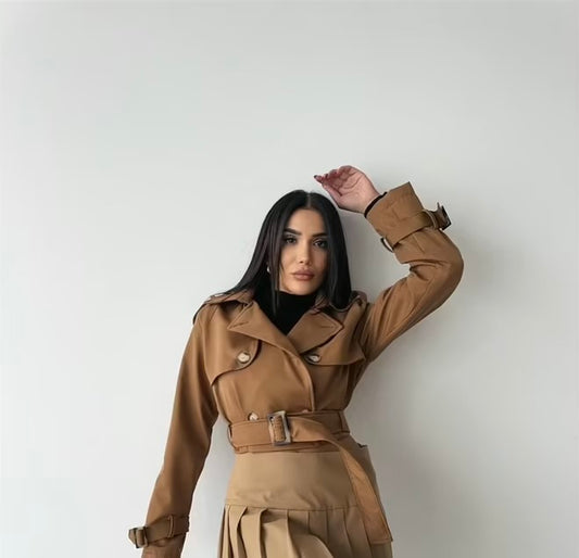 Ave Belt Detailed Crop Trench Coat - Brown