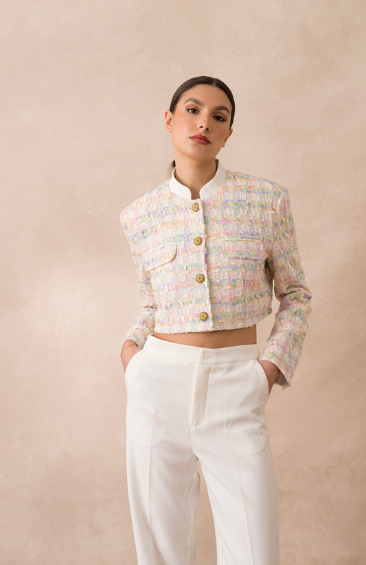 Blazer Tiffany Tweed Boxy Cropped Pink