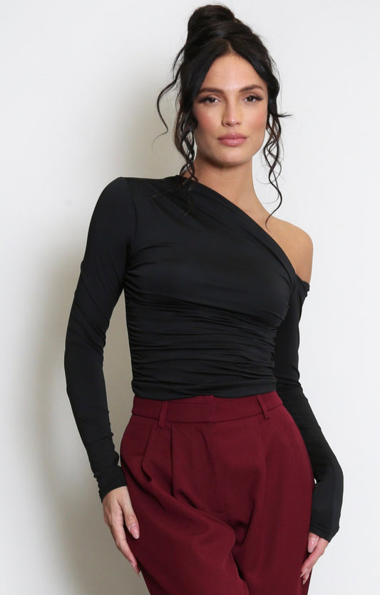 Bolur Black Shoulder Ruched Sides