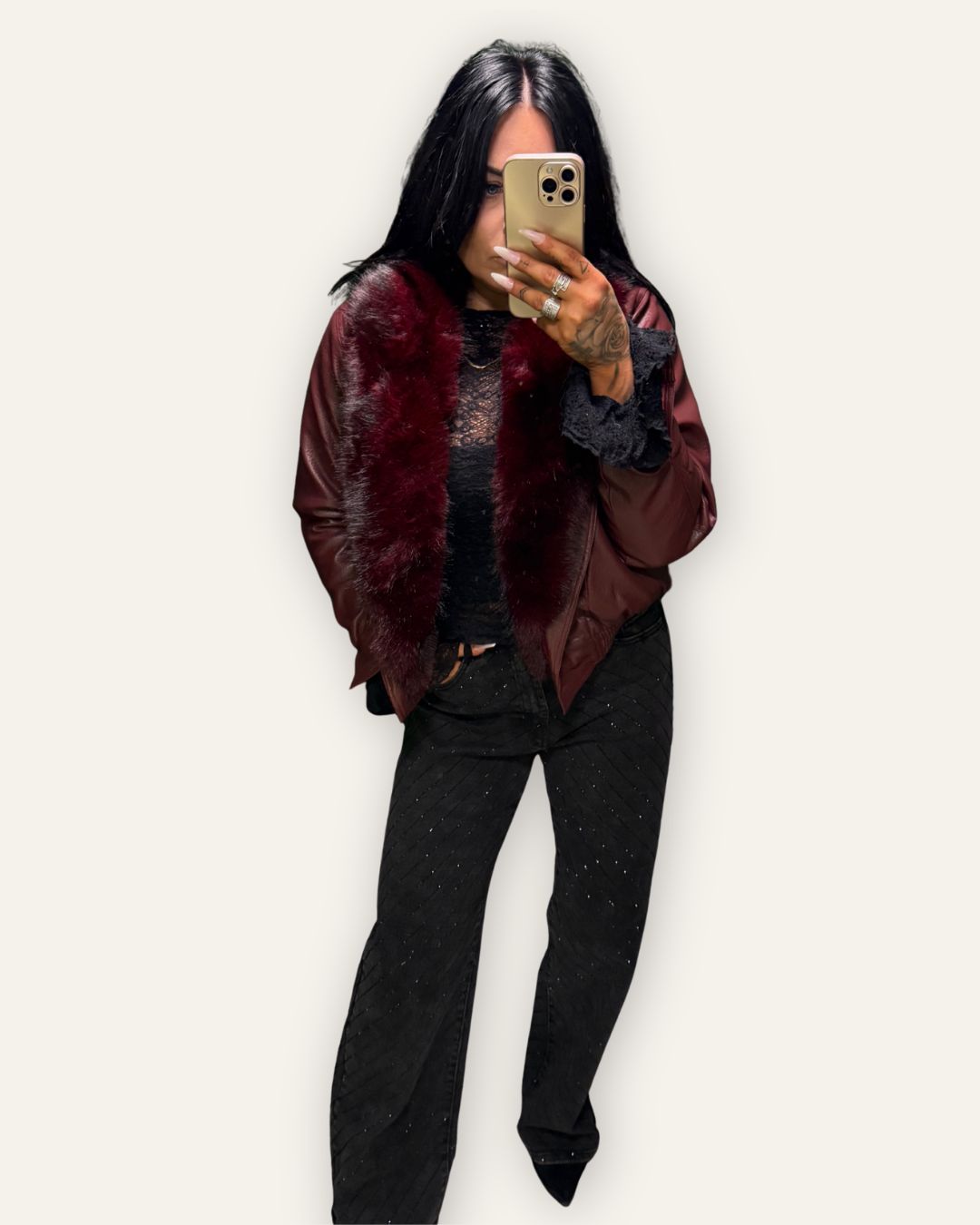 Vegan leður jakki /  faux fur kraga. Central Iceland