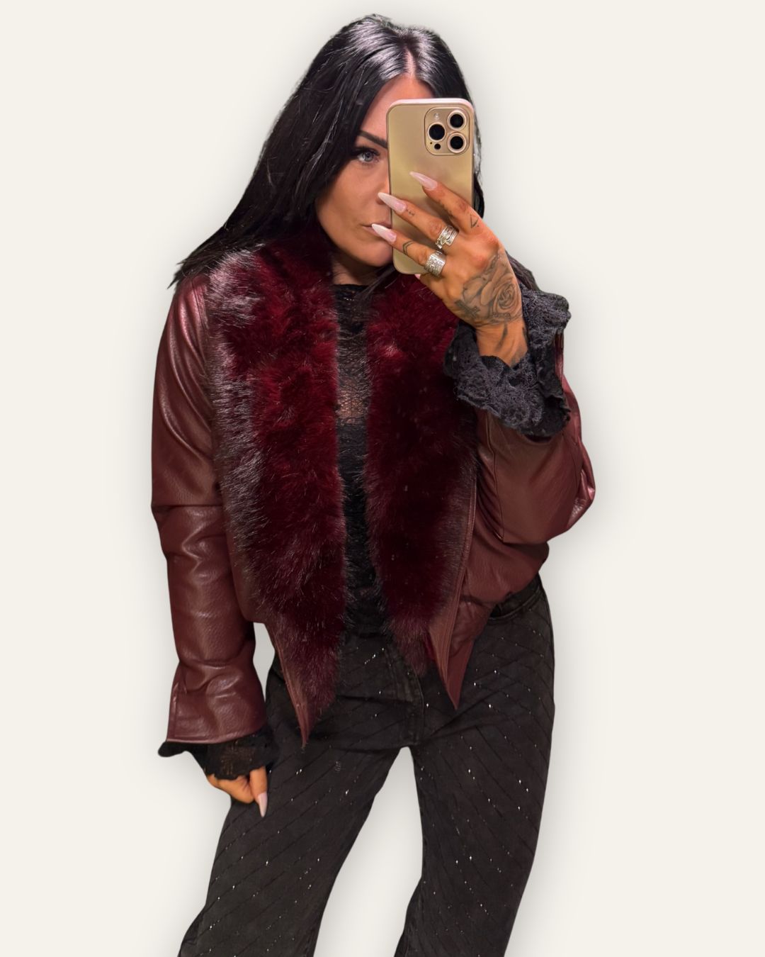 Vegan leður jakki /  faux fur kraga. Central Iceland