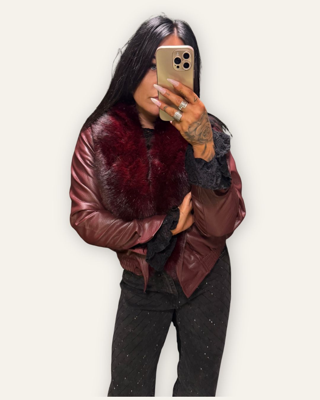 Vegan leður jakki /  faux fur kraga. Central Iceland