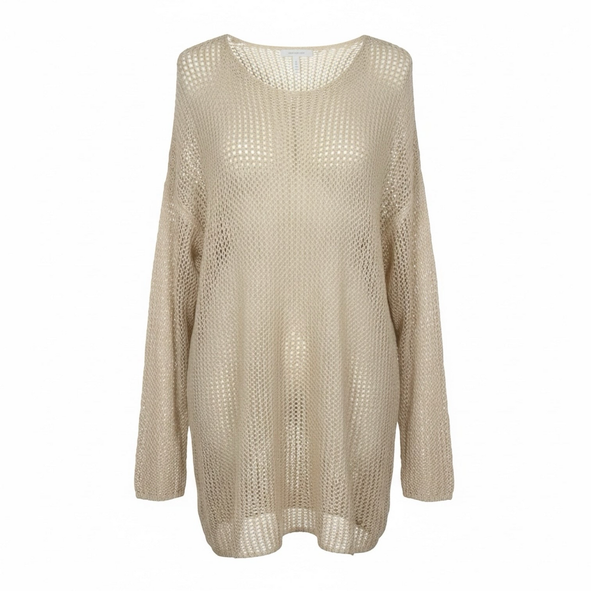 Central Iceland champagne-beige open-knit long sleeve sweater with a relaxed oversized fit and crew neckline.