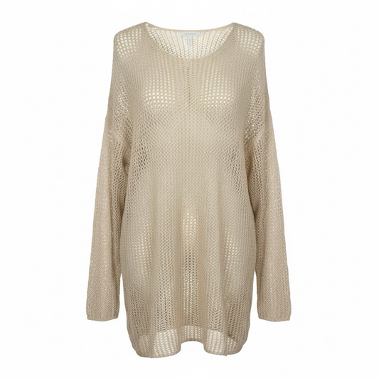 Central Iceland champagne-beige open-knit long sleeve sweater with a relaxed oversized fit and crew neckline.