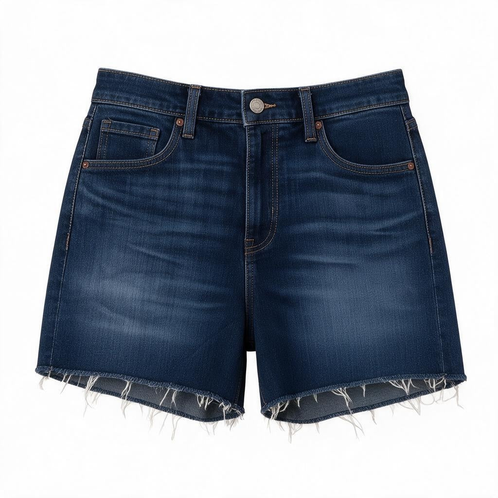 Central Iceland dökkbláar gallastuttbuxur með háu mitti og hráum rifnum skálmum úr mjúku denim-efni.