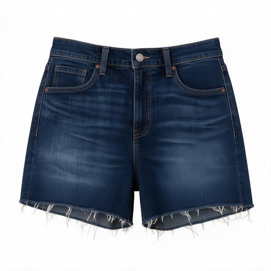 Central Iceland dökkbláar gallastuttbuxur með háu mitti og hráum rifnum skálmum úr mjúku denim-efni.