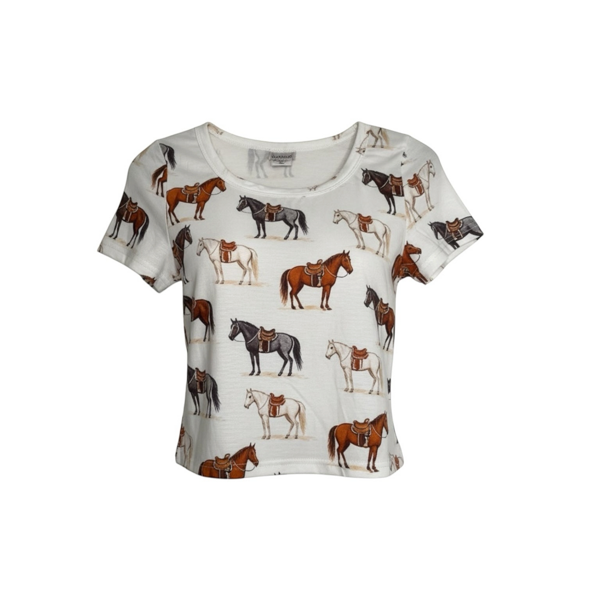 Central Iceland off-white short sleeve crew neck t-shirt featuring an all-over print of various horse breeds.